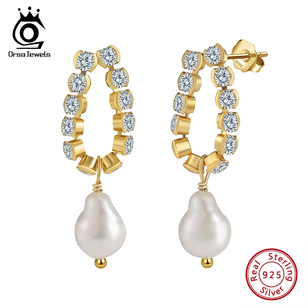 

ORSA JEWELS 14K Gold Brilliant Full Paved CZ Earrings with Real Natural Baroque Pearls 925 Sterling Silver Jewelry GPE76