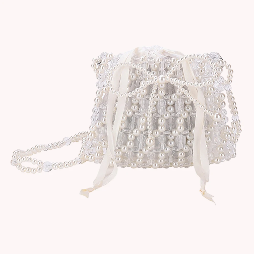 

Women Mobile Phone Bag Hollow Bow Beading Small Purse Handmade Woven Beaded Pearl Exquisite Elegant Shiny Banquet Party Bag