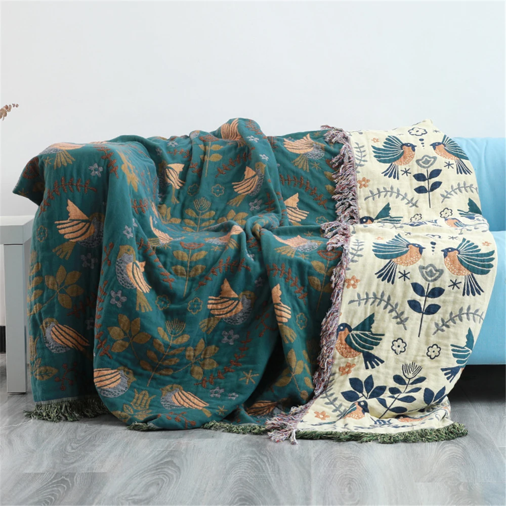 Birds Non-slip Sofa Towel Cover Blanket Double-sided Jacquard Cotton Gauze Yarn-dyed Four Seasons High Quality