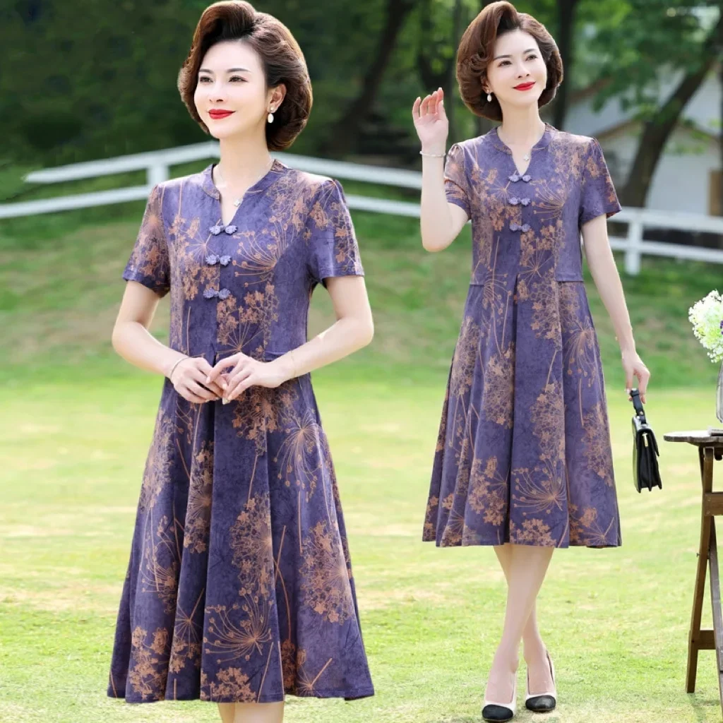 

3 Colors Vintage Mother Cheongsam Dress Women Short Sleeve Plus Size Traditional Dresses Floral Slim Mid Long Qipao XL To 5XL