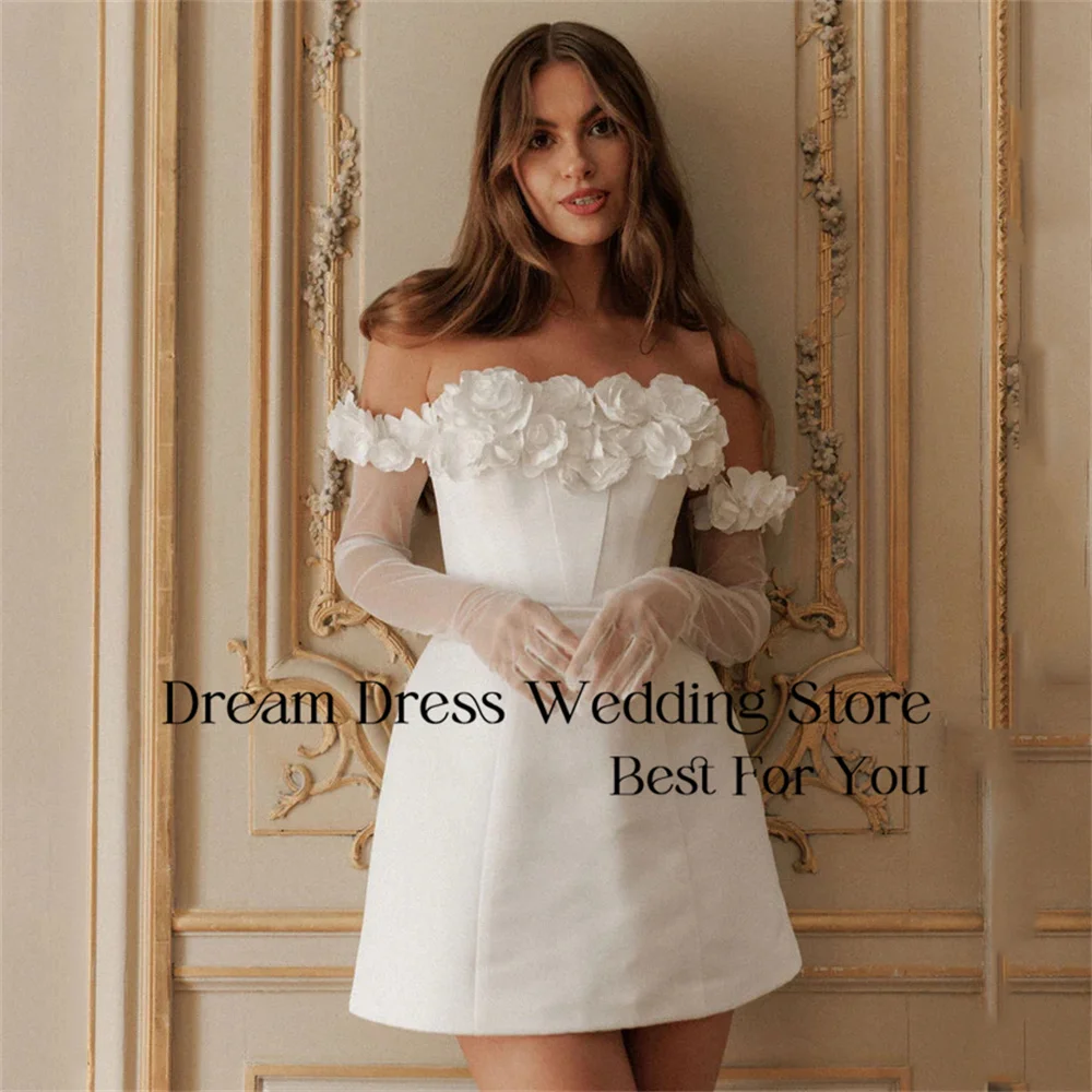 

Modern Flowers Short Wedding Dress 2025 Long Sleeve Off The Shoulder Open Back Lace-up Bridal Gown Vestidos De Novia Customized