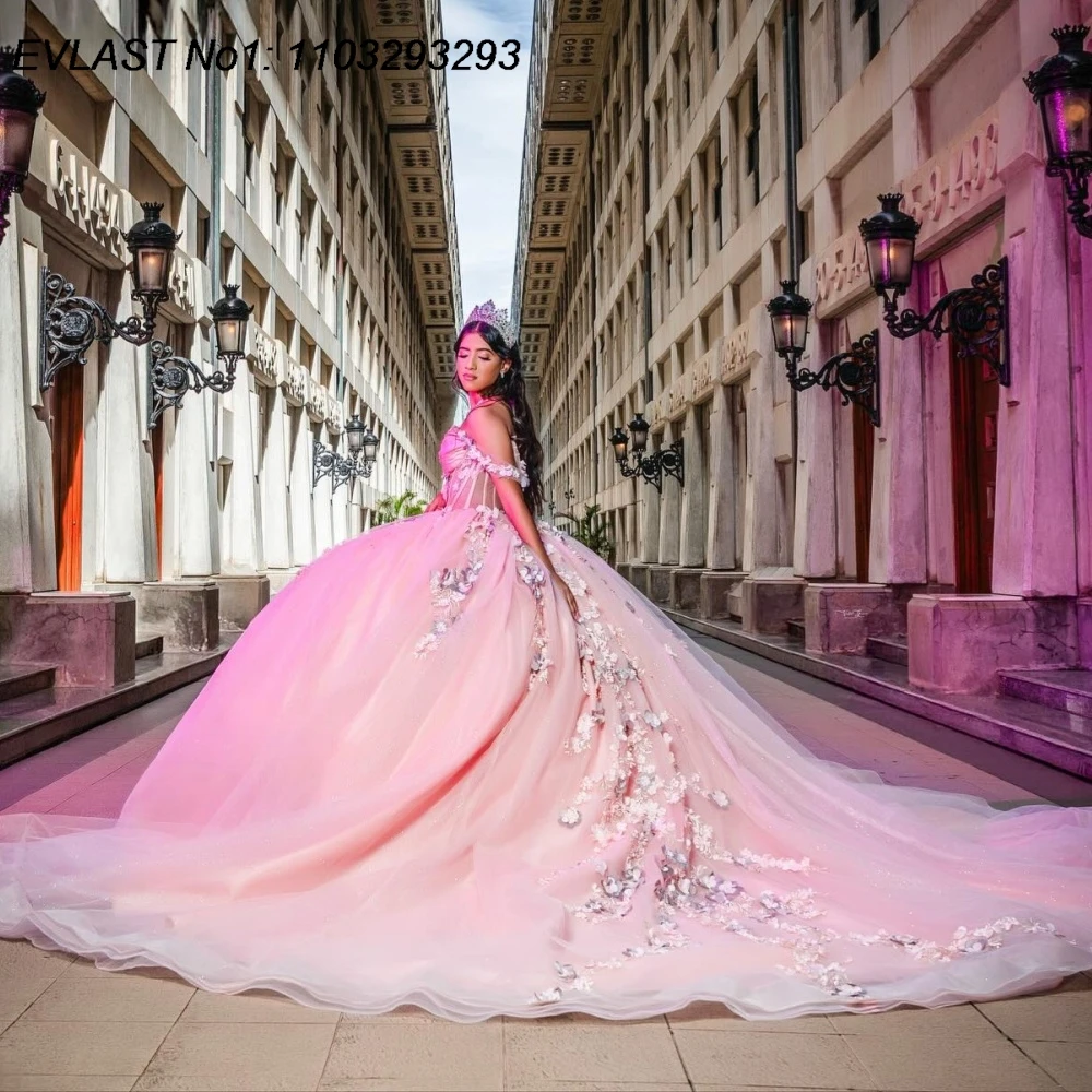 EVLAST personalizado vestido De quinceañera rosa mexicano vestido De baile 3D apliques florales rebordear dulce 16 Vestidos De 15 Anos E1QN551