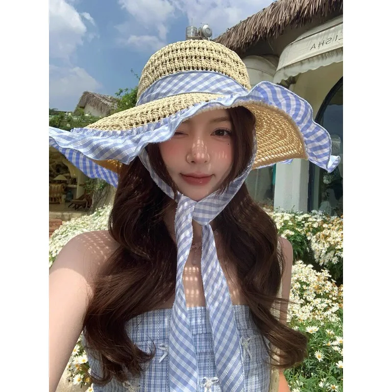 Blue Plaid Ribbon Hollow Straw Hat for Women, Summer Wide Brim Beach Sun Cap, Woven UV Protection Vacation Hat