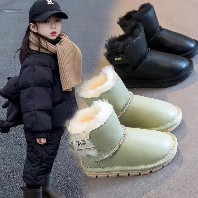 2025 Winter New Children's Bright Leather Snow Boots Plush Warm Thickened Faux Fur Cotton Shoes Kids Flat Non-slip Ankle Boots