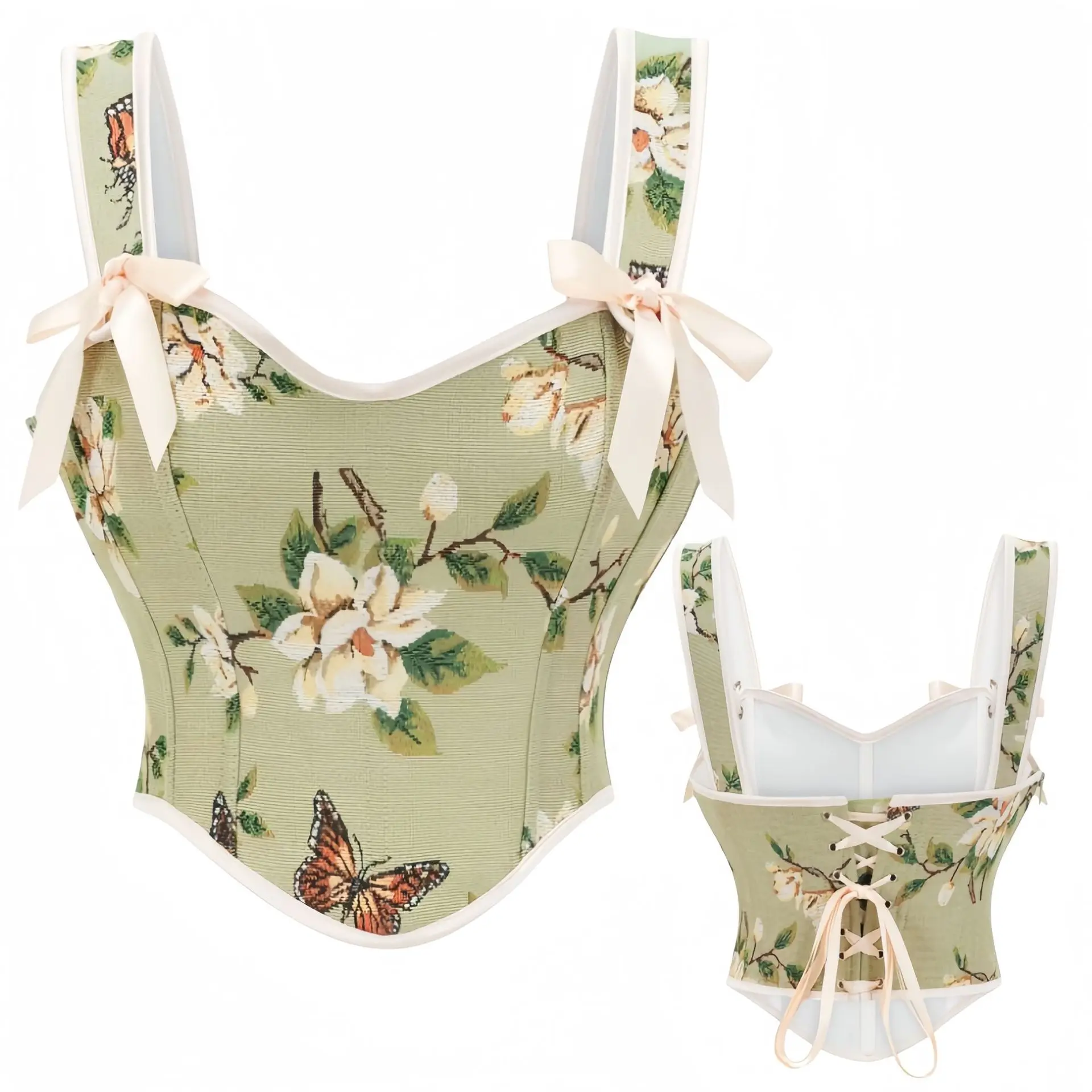 Bow Corset Tops for Women Waist Shpewaear Suspenders Slim Print Sexy Spice Little Corset Vest Green Corset with Straps Flowear