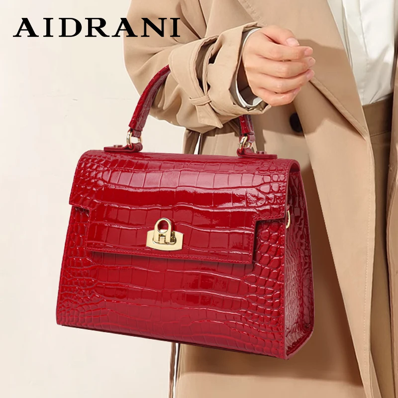 Aidrani Genuine leather women\'s handbag, crocodile patterncowhide material, square, can be slung over one shoulder or crossbody