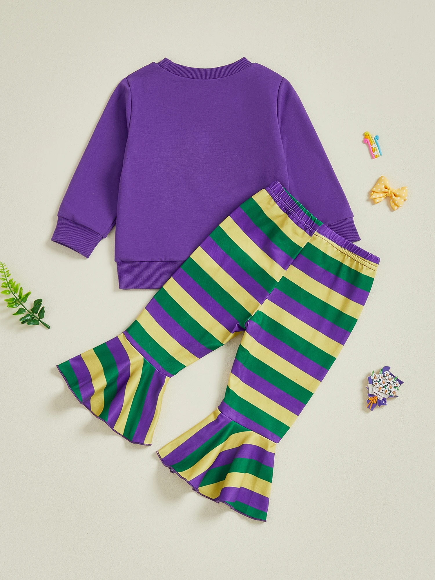 طقم هوديي مطرز للفتيات وسراويل مضيئة مخططة، طقم ملابس ماردي غرا الاحتفالية للأطفال، مجموعة ملابس متطابقة #2