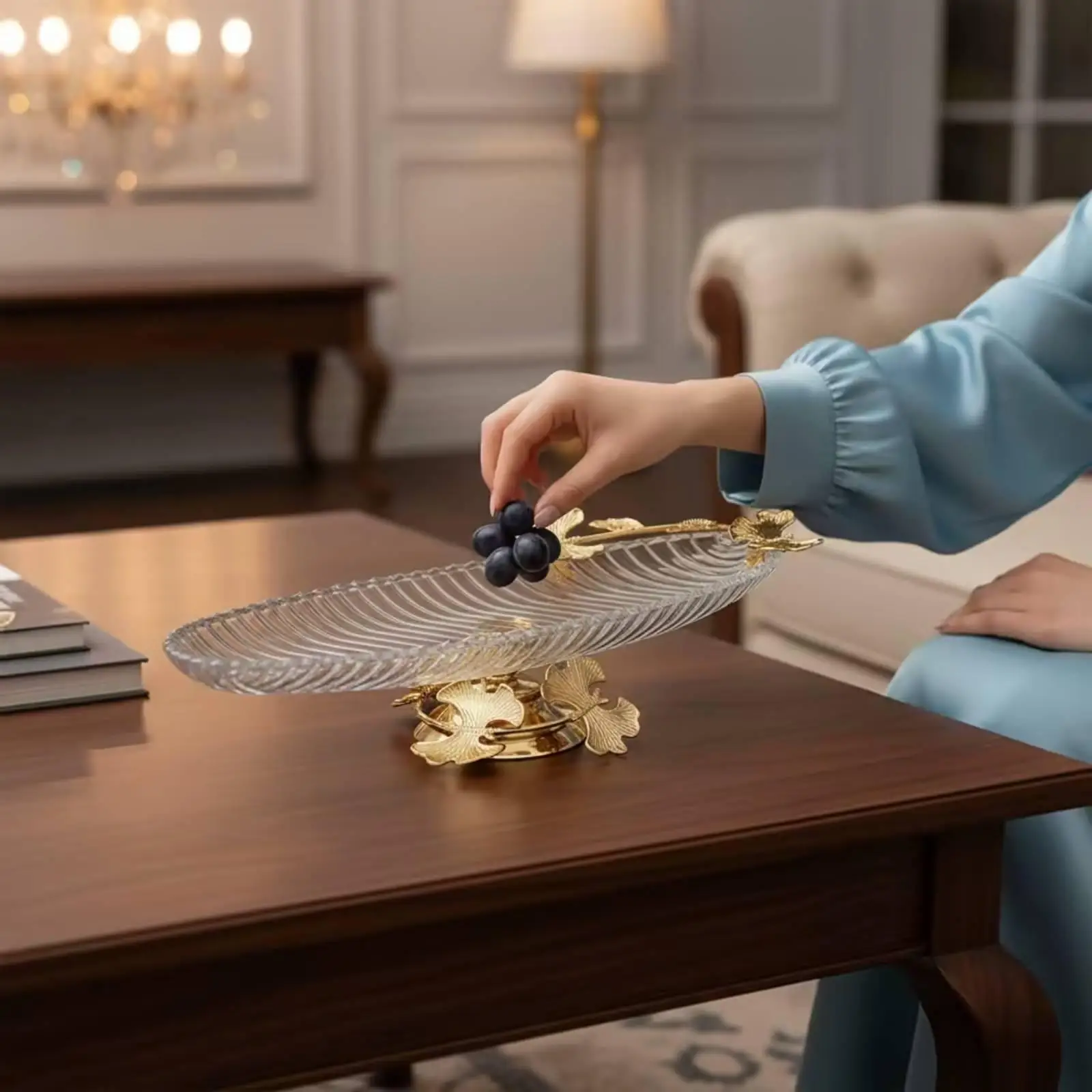 Modern Glass Serving Tray with Botanical Gold Details for Fruit Dessert Table Decoration