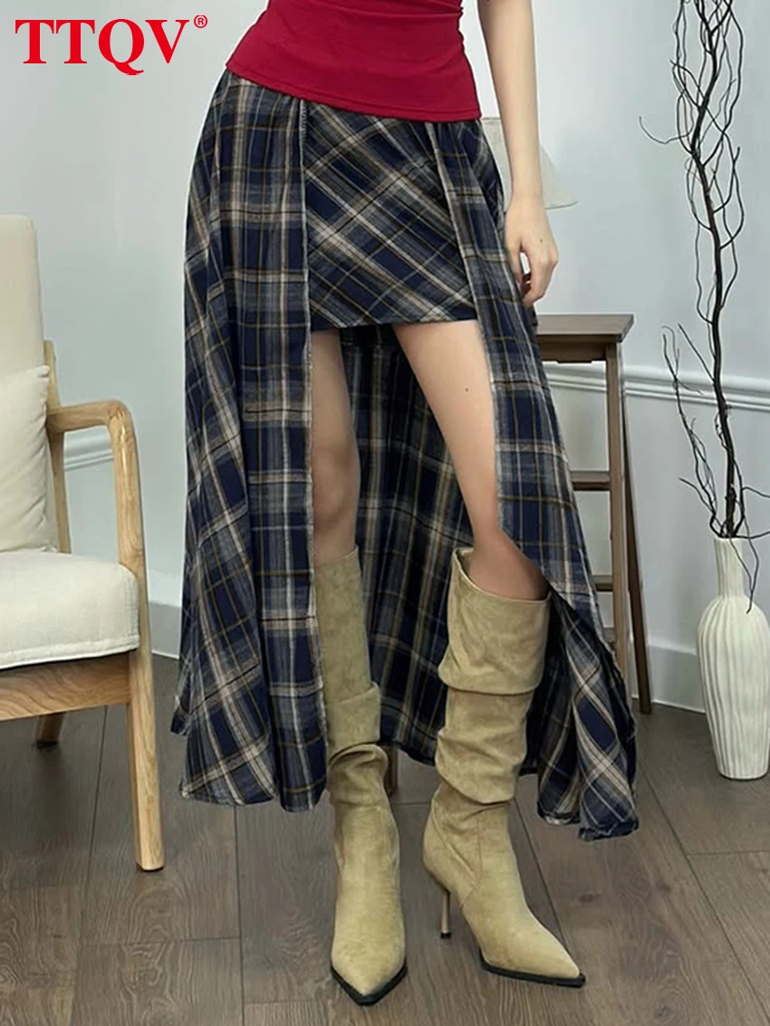 

TTQV Fashion Loose Brown Plaid Women's Skirt 2026 Casual High Waist Ankle Length Skirts Elegant Classic Irregular Female Clothin
