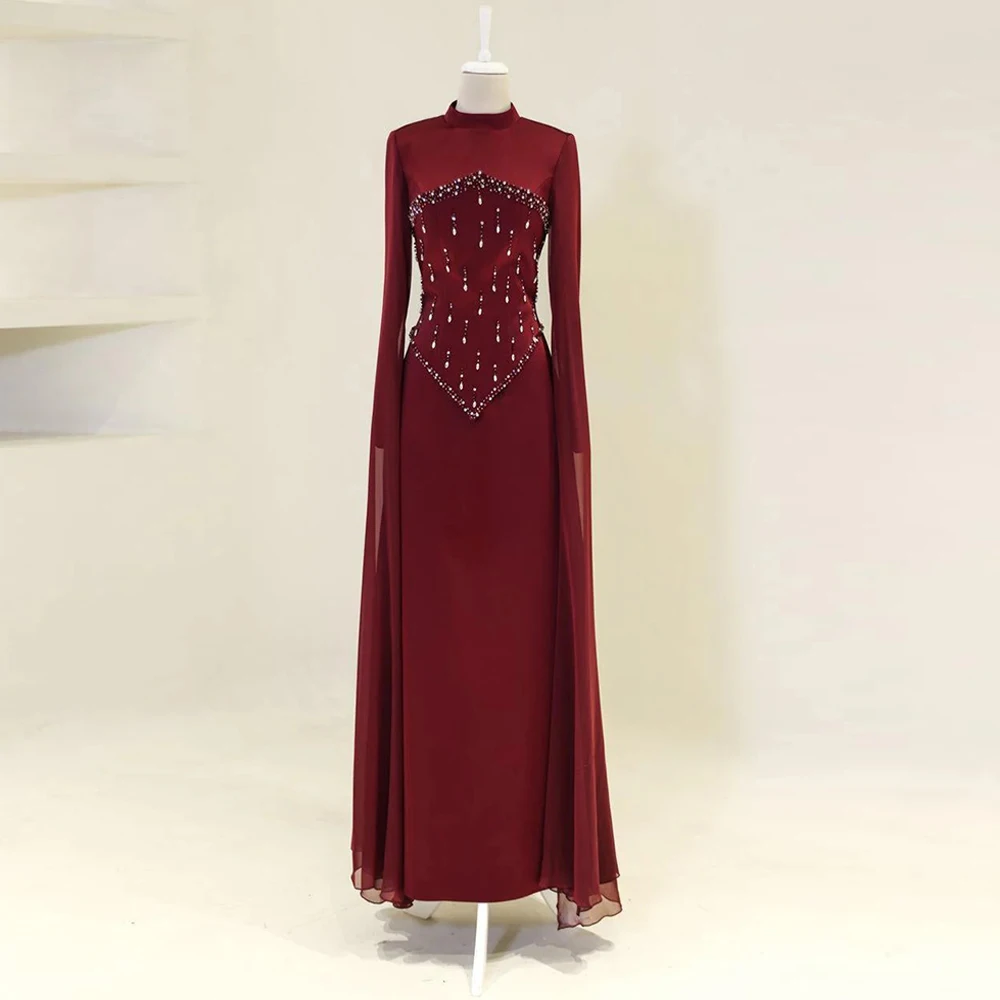 

Customized Arab Evening Dress Modest High Neck Long Sleeves Beading Stone Floor Length Corset Party Dresses Prom Gown