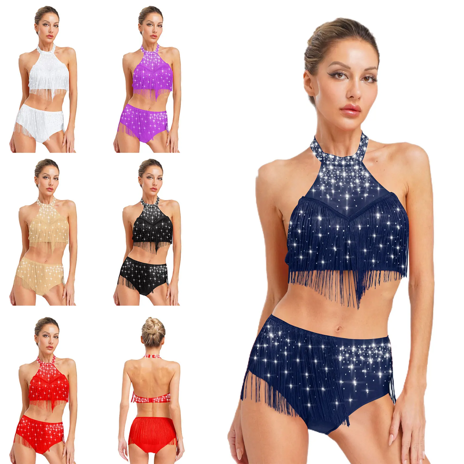 Roupas femininas para dança do ventre, tops curtos e shorts com borla, sem mangas, malha brilhante, strass, samba, apresentações de palco