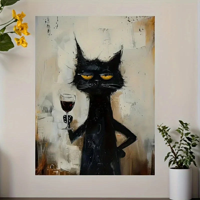 Chic Black Cat Art Canvas Print,Minimalist Animal Poster,Unique Creative Wall Art Decor for Bathroom, Living Room, Bedroom view 5