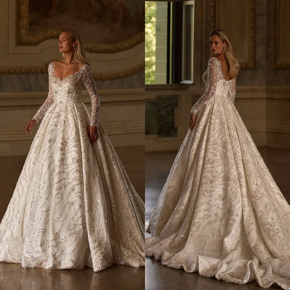 Customized Exquisite White Organza Wedding Dress Luxury V-neck Long Sleeves Bridal Party Delicate Lace Up Back Vestido De Novia