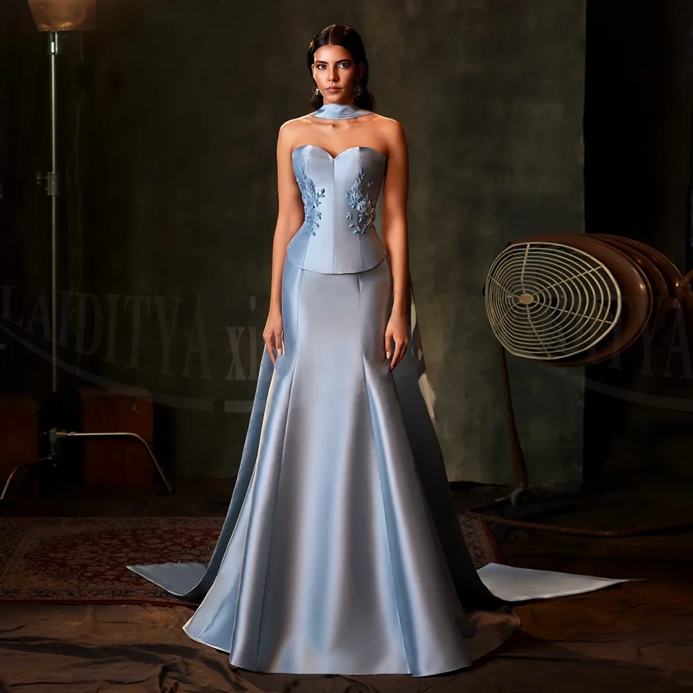 Moda apliques vestidos de noite elegante sem alças flor vestidos de baile chique cachecol varredura trem sereia vestidos de festa femininos