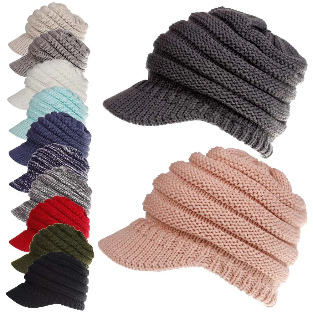 

Women Cable Knit Beanie Cap Soft Stretch Messy High Bun Winter Ponytail Hat