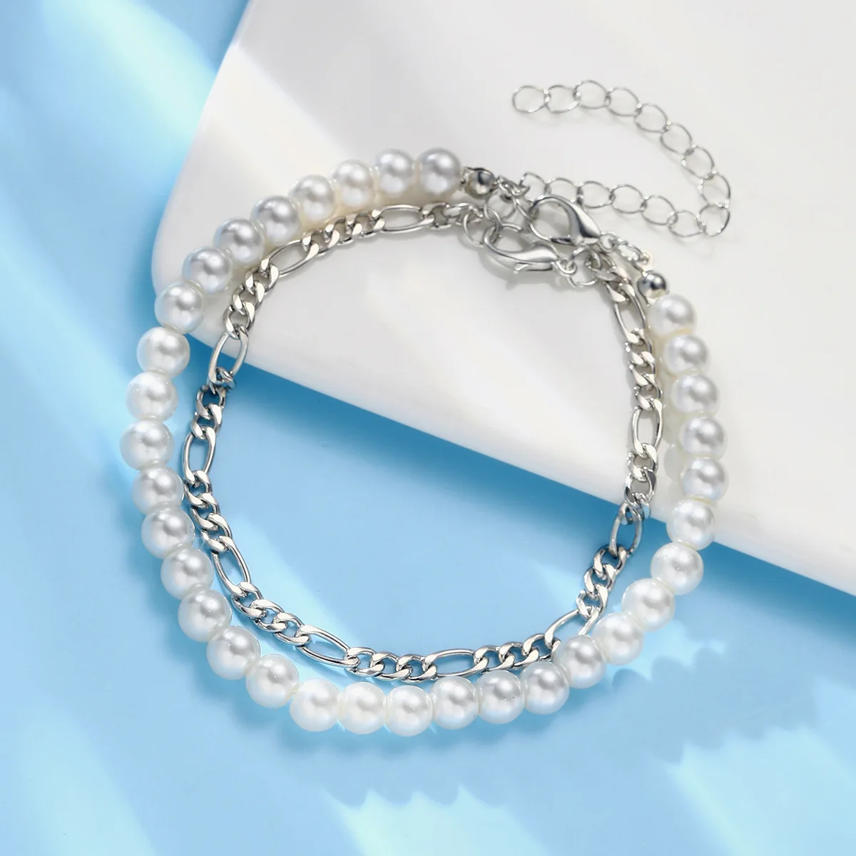 New Fashion Imitation Pearl Chain Bracelet Men Handmade Classic Figaro Chain Bracelet For Men Jewelry Gifts