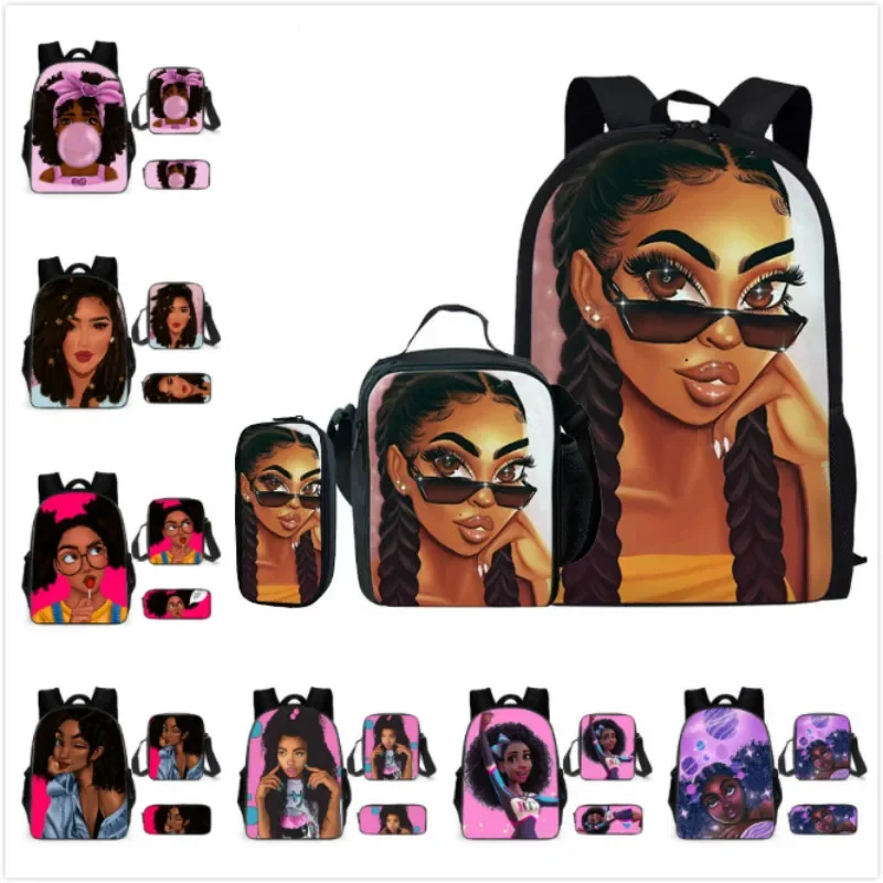 

3pcs/set School Bags for Kids Art Cartoon Black African Girl Print School Backpack Girls Children Shoulder Lunch Pen Book Bags