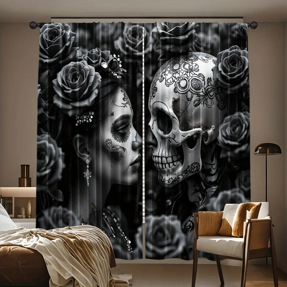 Gothic Skull and Rose Blackout Curtains - Day of the Dead Skeleton Bride Print Window Drapes for Bedroom Living Room