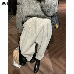 BGTEEVER Casual tasche larghe donna pantaloni di lana autunno inverno elegante vita alta addensare pantaloni Harem da donna