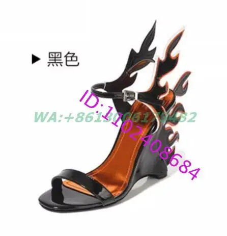 Design Women's Open Toe High Wedge Sandals with Fire Flame Print Candy Color Belt Buckle 10cm Wedge Heel for Stylish Comfort