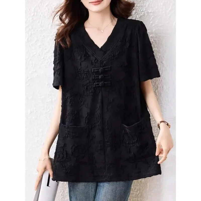 Women's Plus Size V Neck Shirt Summer Loose Casual Embossed Frog Button Decor Short Sleeve Top