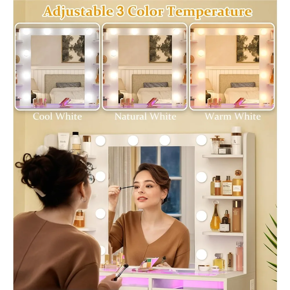 Vanity Desk with Mirror and Lights, Makeup Vanity Desk with Lights 3 Colors, Transparent Top Vanity with 2 RGB Drawers,6 Shelves