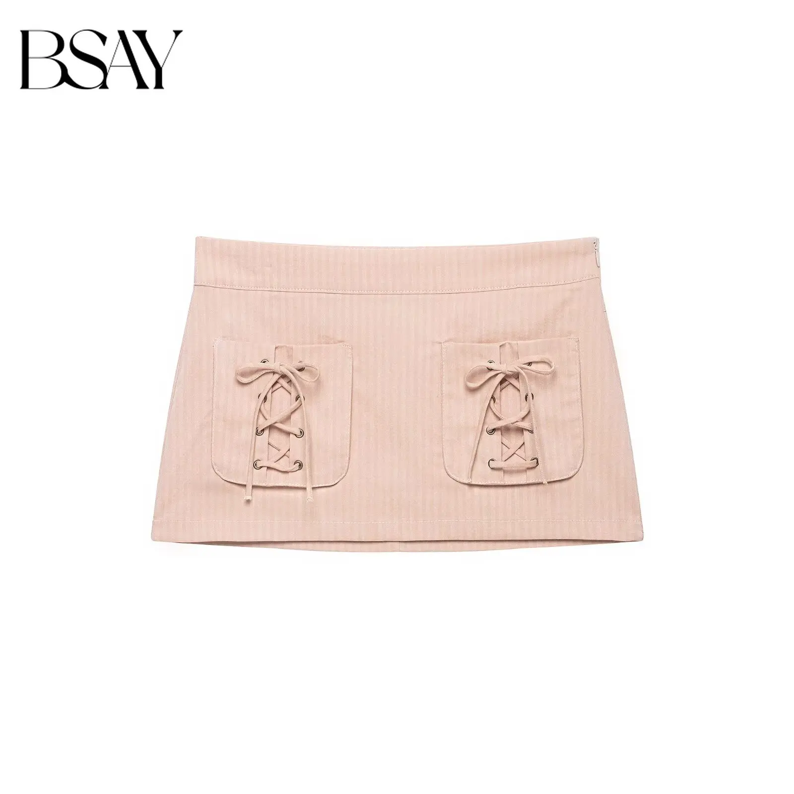BSAY Women Fashion Striped Print Mini Skirt Lace‑Up Pocket Decor High Waist A‑Line Short Skirt Casual Ladies Streetwear Bottoms