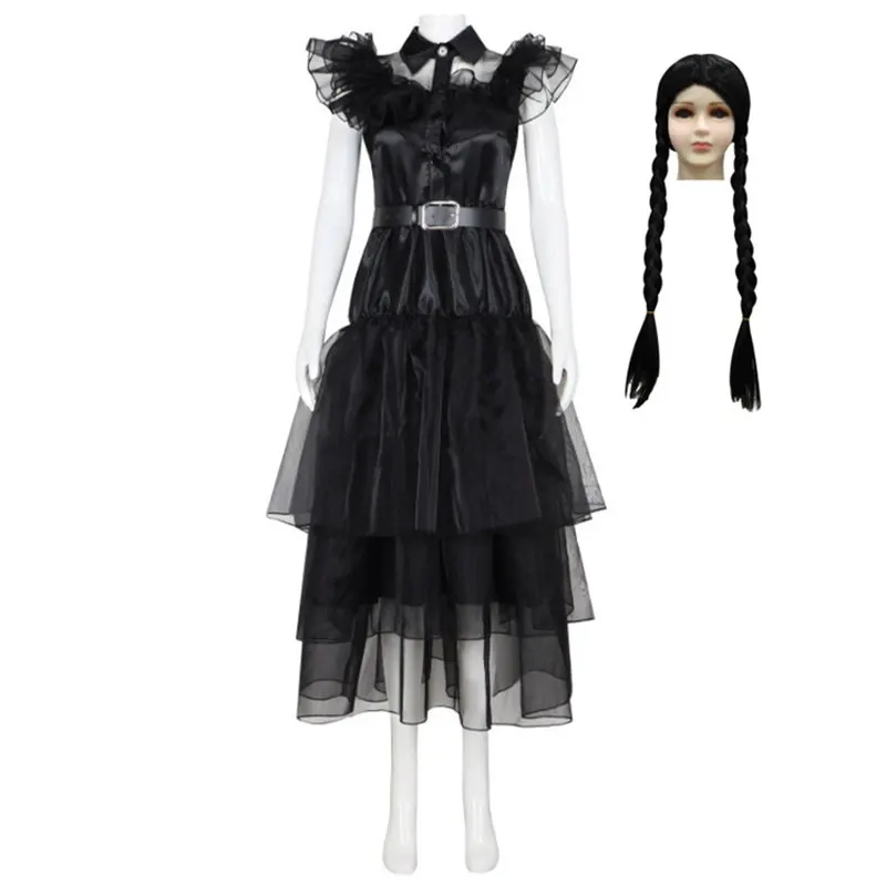 

Cossky Wednesday Addams Cosplay Costume Adult Women Dress Wig Halloween Carnival Party Costume