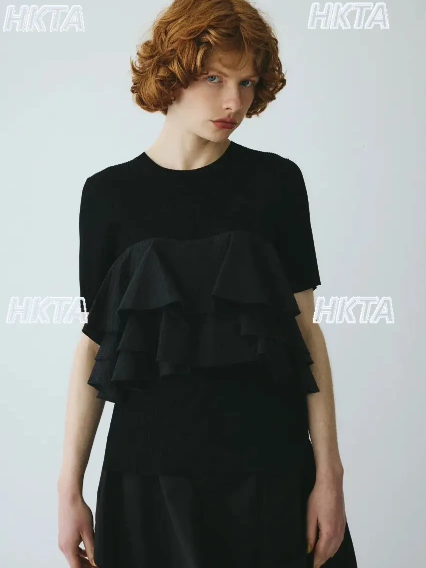Japanese Fake Two Piece Ruffle Top Splicing Short Sleeved T Shirt Sweet Lolita Slim Fit Casual Black Tshirt Contrast Top Women