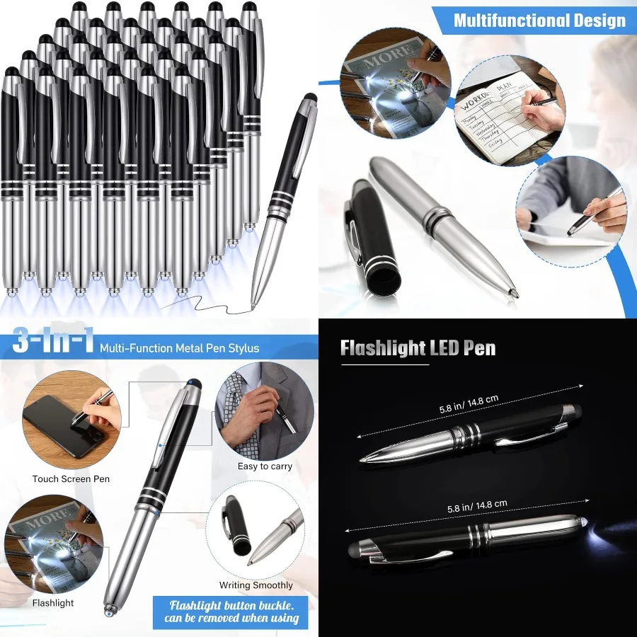 

Zonon 30 Pieces LED Ballpoint Pen with Stylus Tip 1.0 mm Black Ink Metal Stylus Pen for Touch Screens 3 In 1 Multi-Function Cap