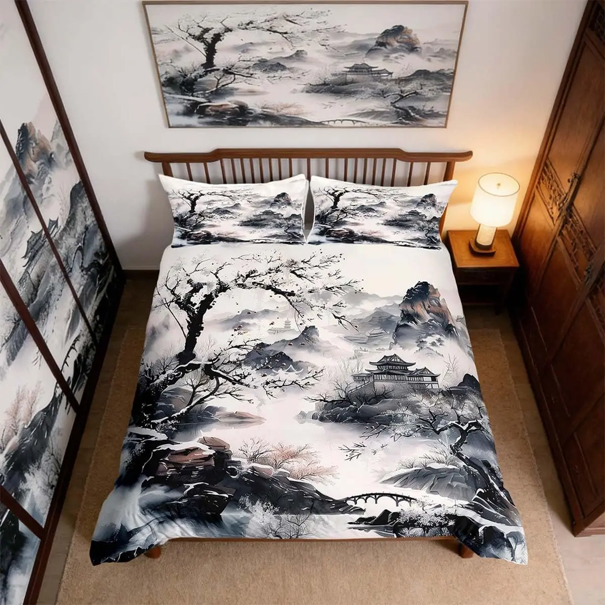 Japanese Anime Kids Bedding Set Double Size Japan Cherry Blossom Mountain Sun Abstract Ink Art Quilt Cover