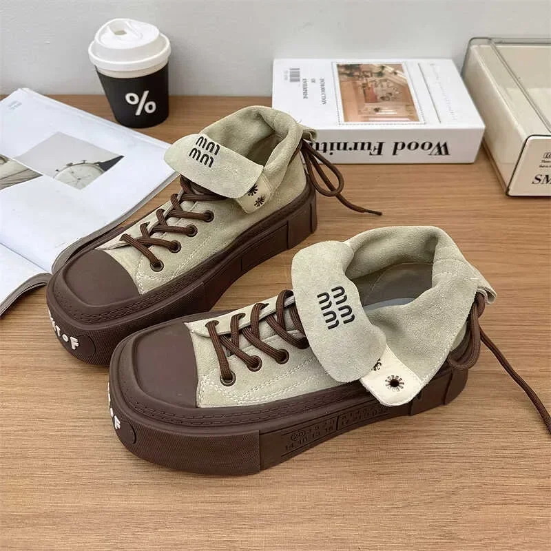 Women\'s Boots Matte Leather Lapel High Top Casual Shoes Letter Thick Sole Retro Lace Up Height Increasing Skateboard Shoes