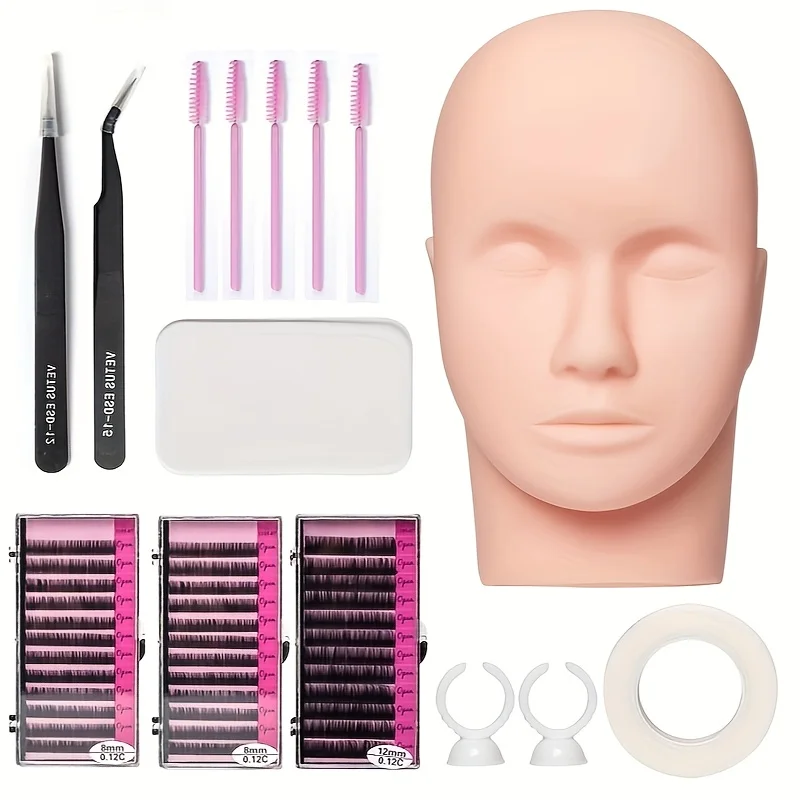 

1 Set Eyelash Extensions Practice Kit Professional Training Eyelash Mannequin Head False Eyelashes for Makeup Training