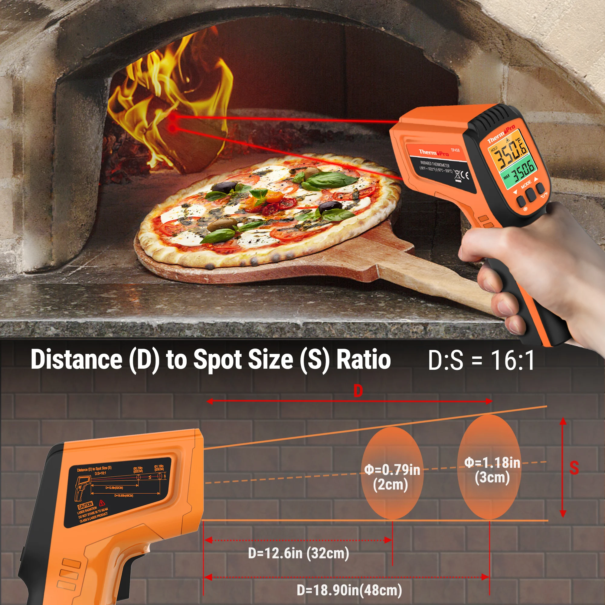 ThermoPro TP450 Digital Infrared Thermometer Dual Laser Temperature Gun with Adjustable Emissity for Pizza Oven Grill Cooking