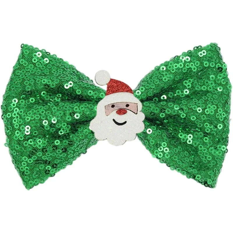 Hot Sale Christmas Festival Cute Sequin Hand Craft Bow With Santa Hair Clip For Kids Girls