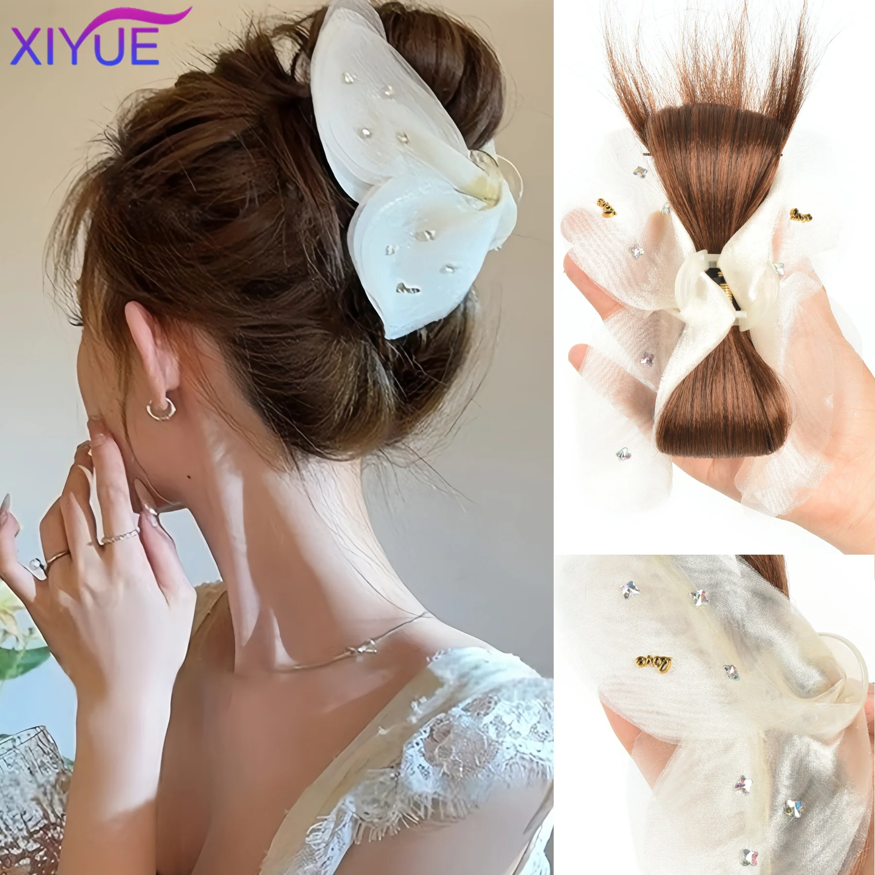 

synthetic Half-tie Hair Large Size French Butterfly Knot Hair Claw Shiny Diamond Mesh Hair Clip Elegant Shark Clamp Women's Hair