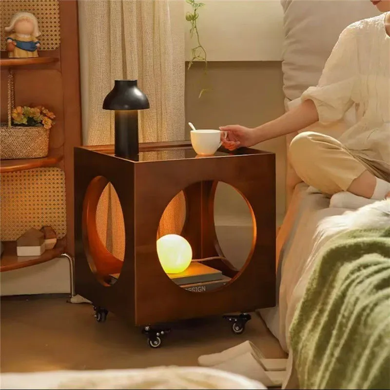 Retro Style Movable Tea Edge Sofa Cart Bedside Table Solid Wood Rattan Woven Small Side Table Storage Rack Coffee Table