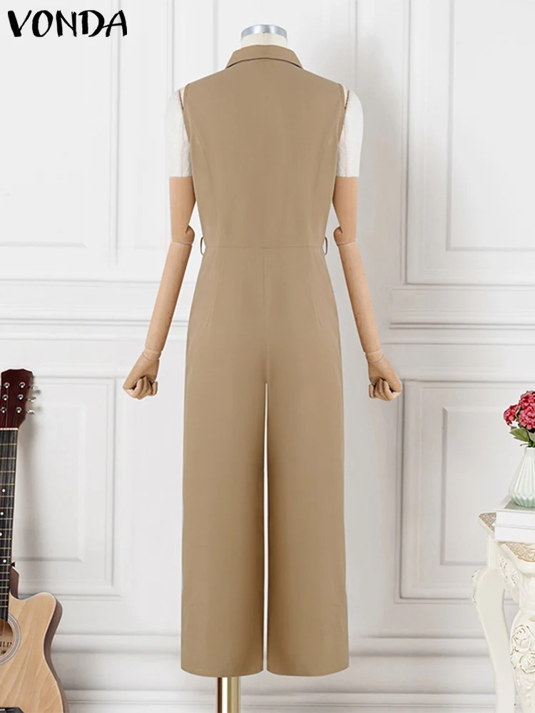 VONDAผู้หญิงJumpsuits 2024 PlaysuitsแขนกุดElegantสีทึบRompers Casualปกขากว้างกางเกงขนาดใหญ่