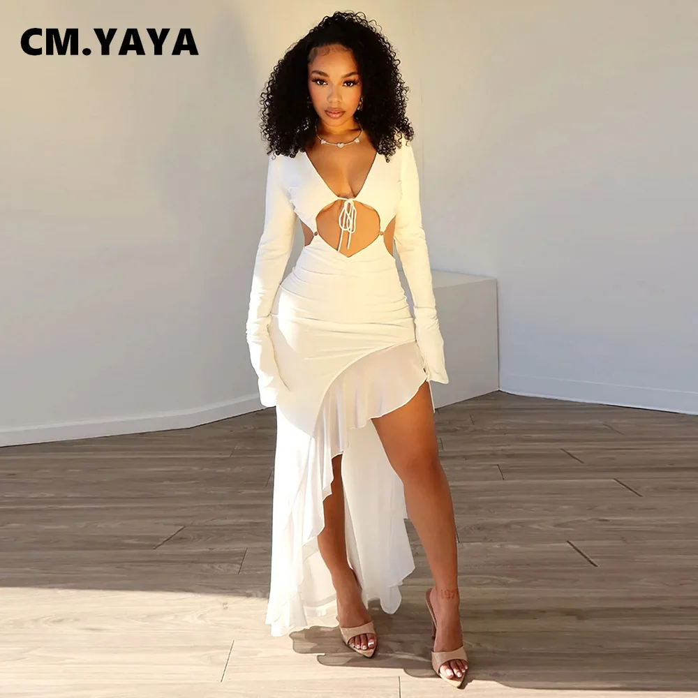 CM.YAYA 2024 New Fall Women’s Full Sleeve V-neck Backless Maxi Dress Ruched Slim Ruffles Night Club Party Evening Long Dresses