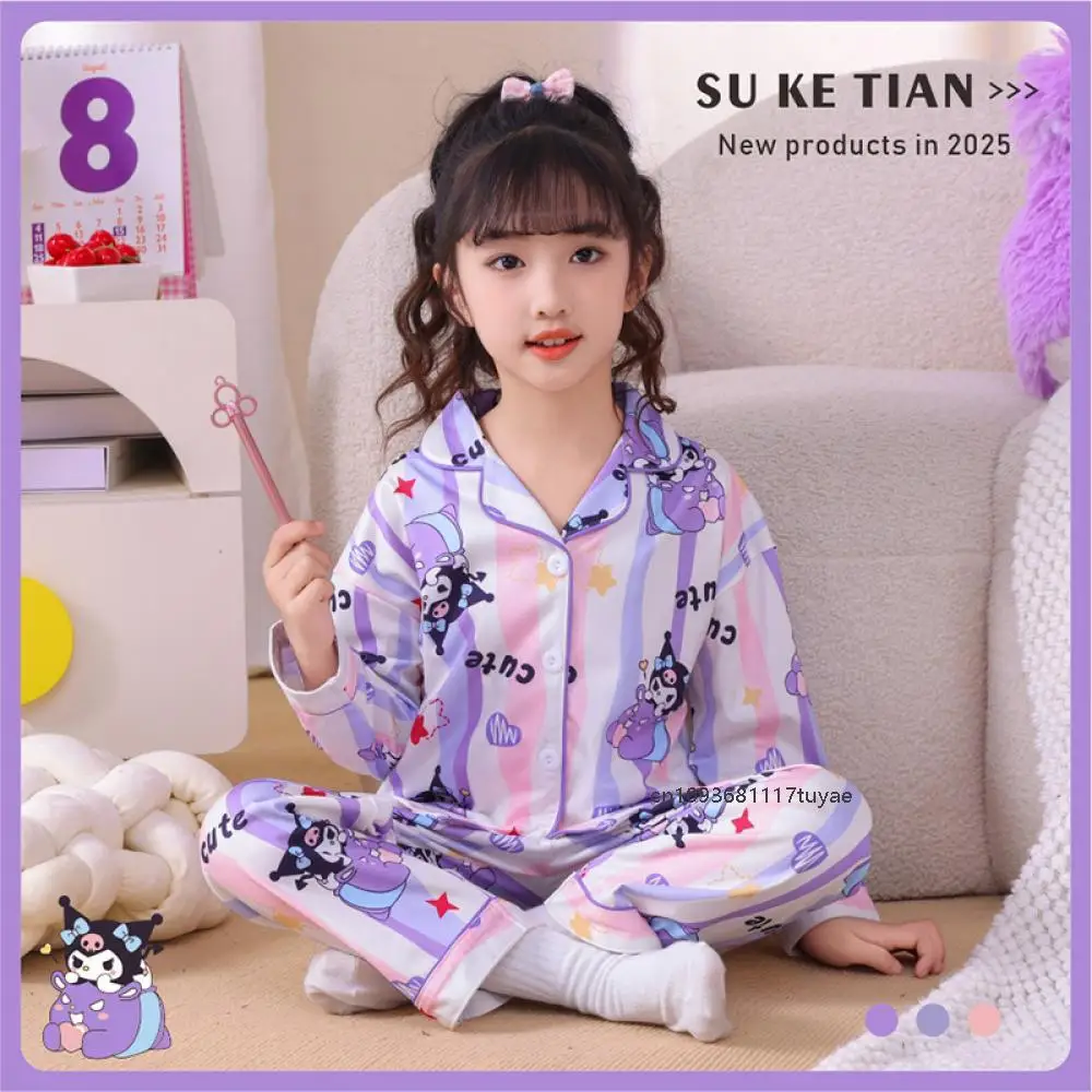 Anime Sanrios Cinnamoroll Kuromi Melody Cardigan Children Pajamas Spring Long-Sleeved Cartoon Cute Teen Printing Homewear Suit