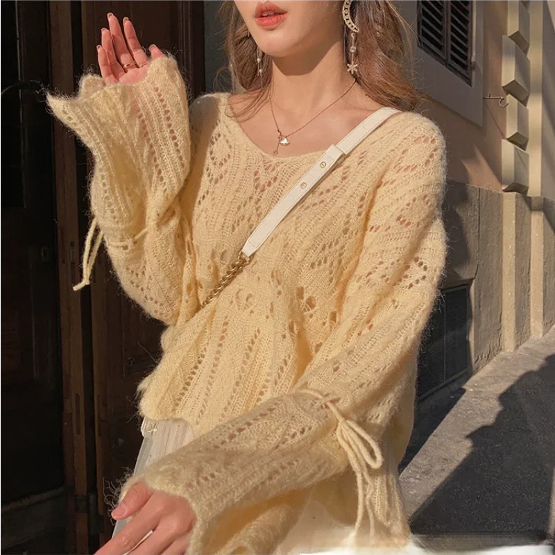 

Fairy Mohair Sweater Women Korean Ins Loose Long Sleeve V-neck Hollow Out Pullover 2023 Autumn Winter Solid Elegant Sweaters