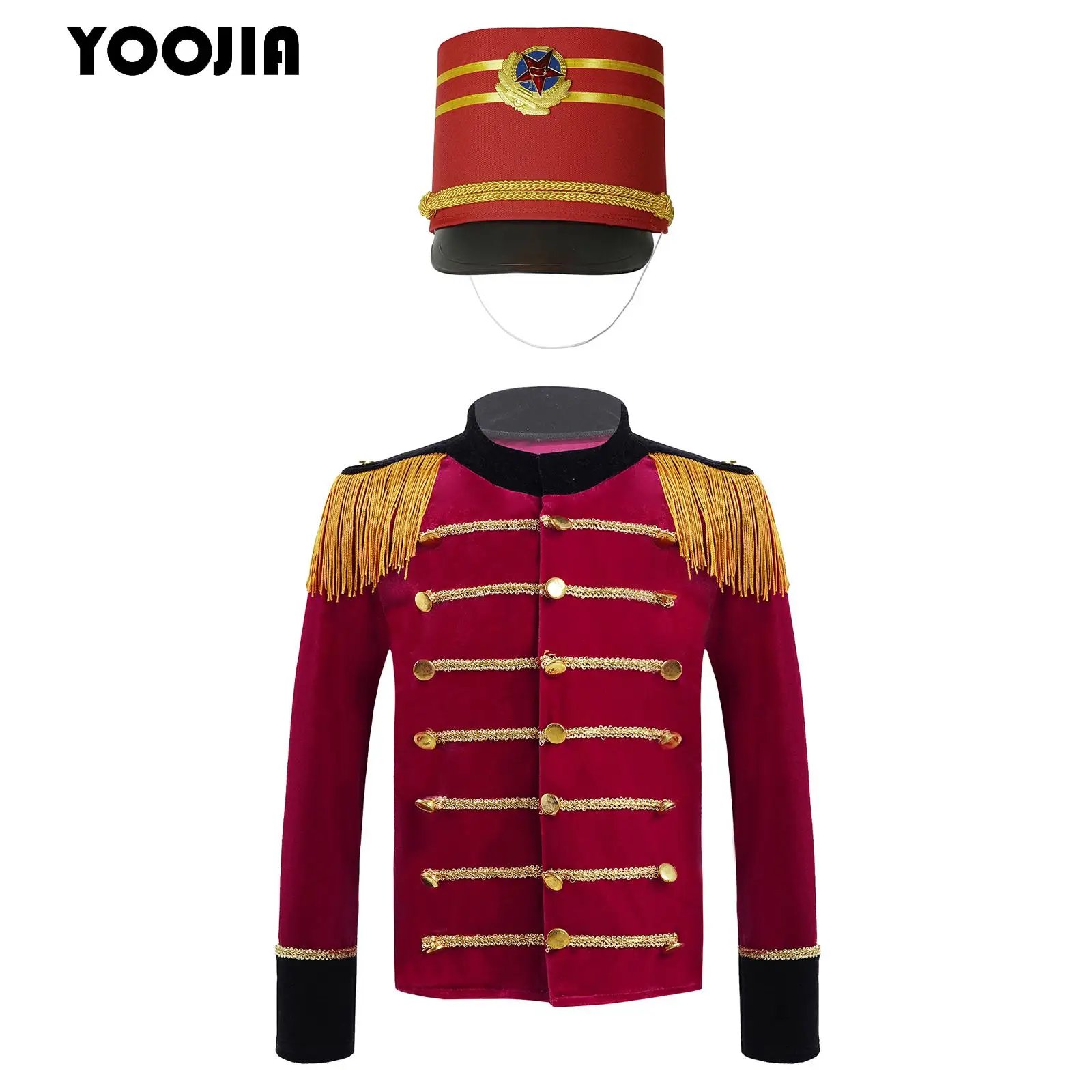 Drummer Costume for Kids Boys Girl Drum Major Team Uniform Marching Band Tassel Long Sleeve Jacket Coat+Soldier Hat Carnival Set