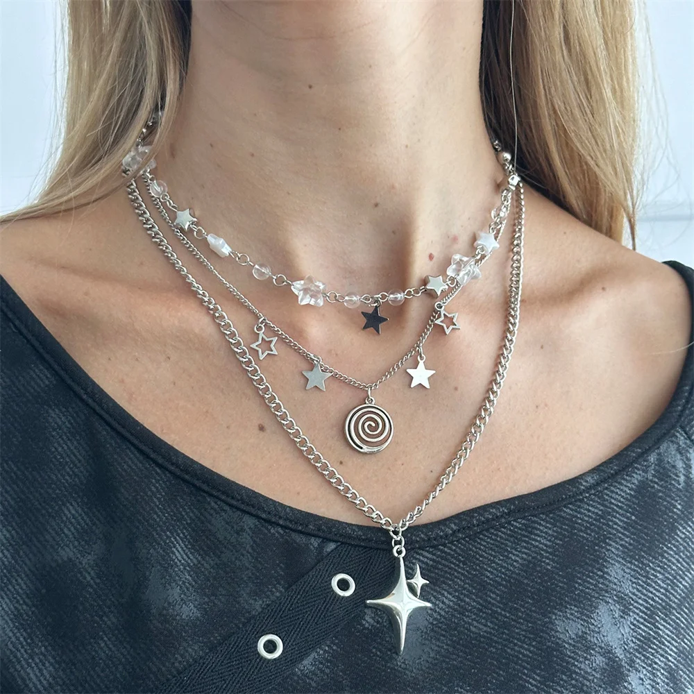 Y2K Mehrschichtige Stern-Halskette, mehrreihige Kette, hohler Stern, Würfel-Spiral-Anhänger, modisches, personalisiertes Schmuckset, Schmuckgeschenk – Detail 2
