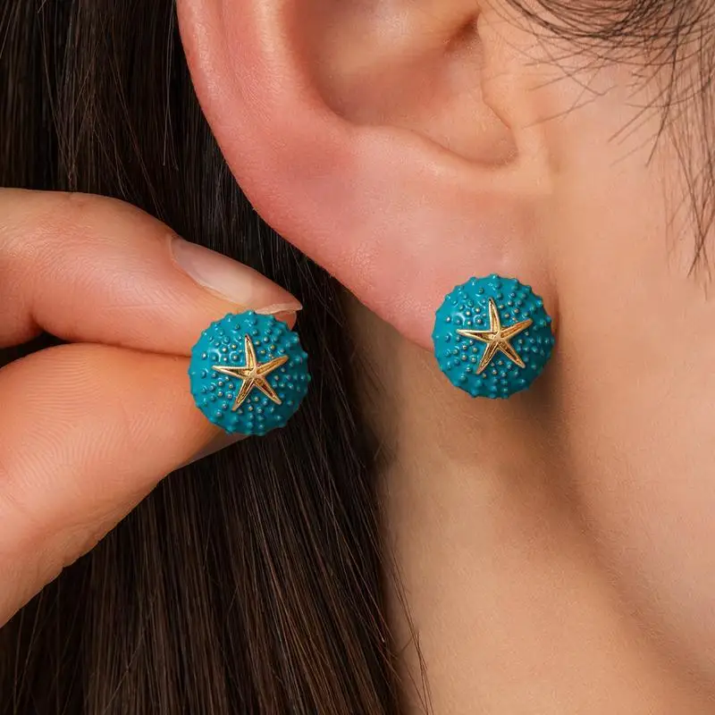 Cute Luxury Multi Color Round Sea Urchin Gold Color Starfish Stud Earrings For Women Bohemian Island Outing Pool Party Jewelry