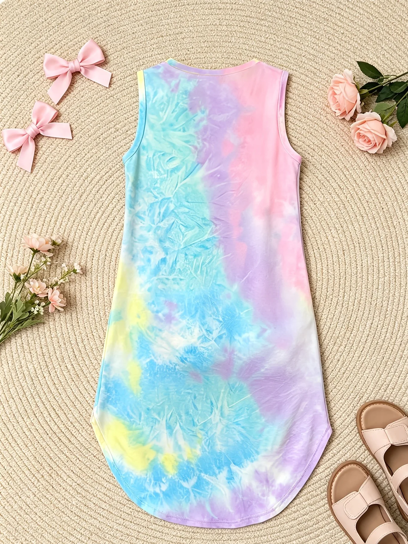 Comfy Kids Girls Soft Stretch Tie Dye Dress, Round Neck Sleeveless Curved Hem Bodycon Mini Dress for Outdoor Play & Summer Trip