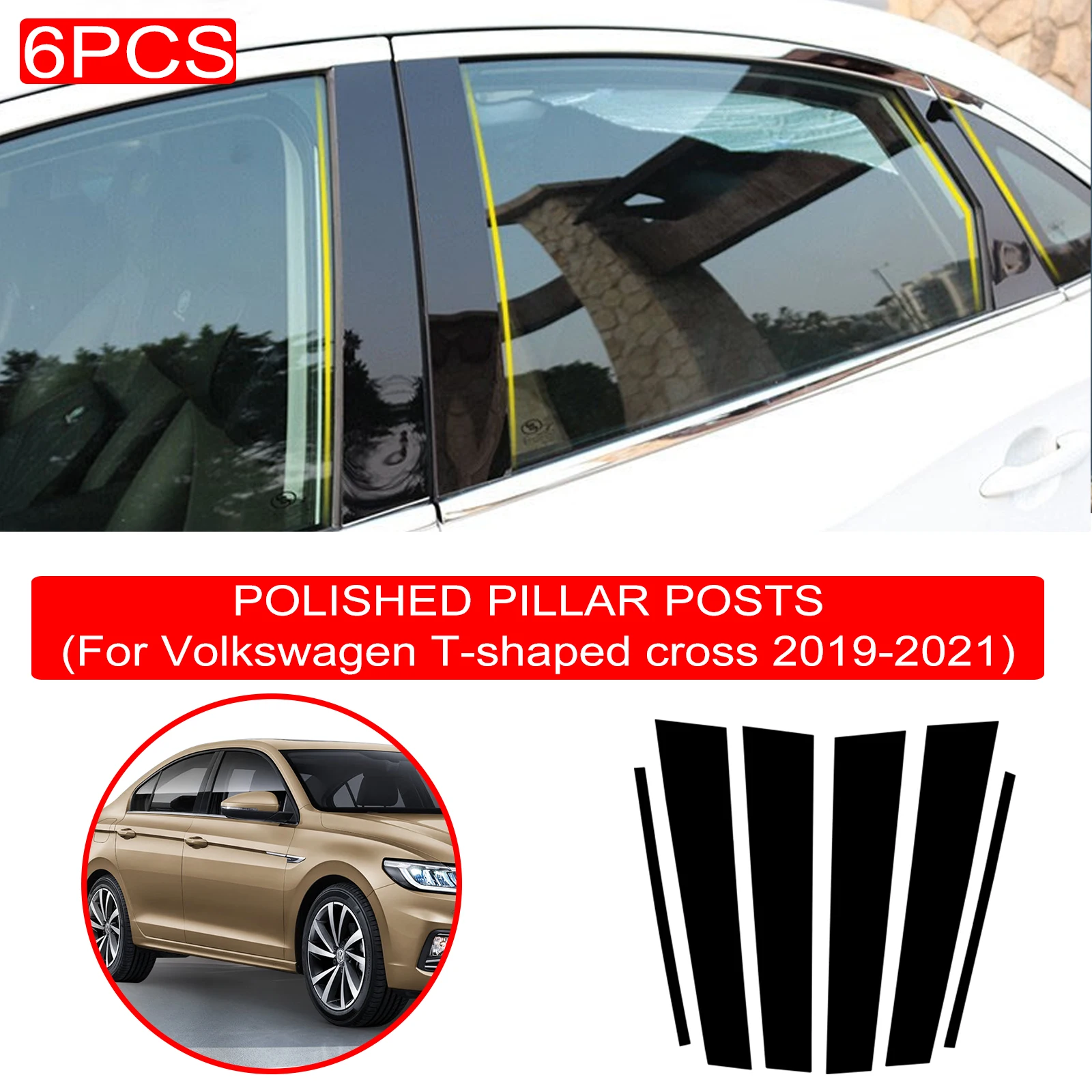 6PCS Polished Pillar Posts For VW T-Cross T cross 2019-2021 Auto Window Trim Cover BC Column Sticker Accessories