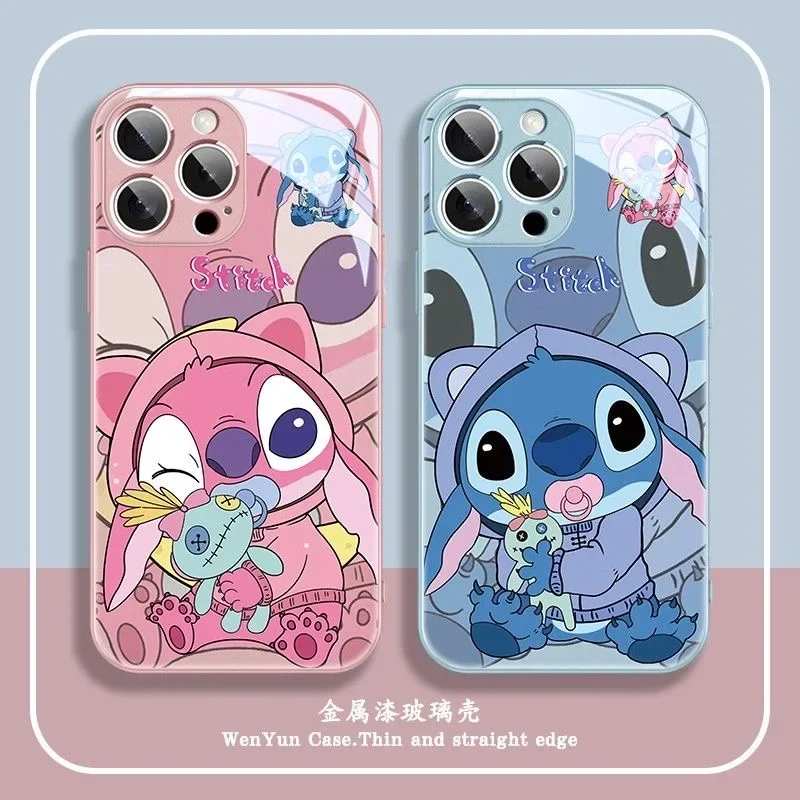 Disneys Couple Angel Stitch Metallic-Color Phone Case For Samsung A 21 22 23 24 30 32 33 34 51 52 53 54 71 72 73 5G Glass Hard