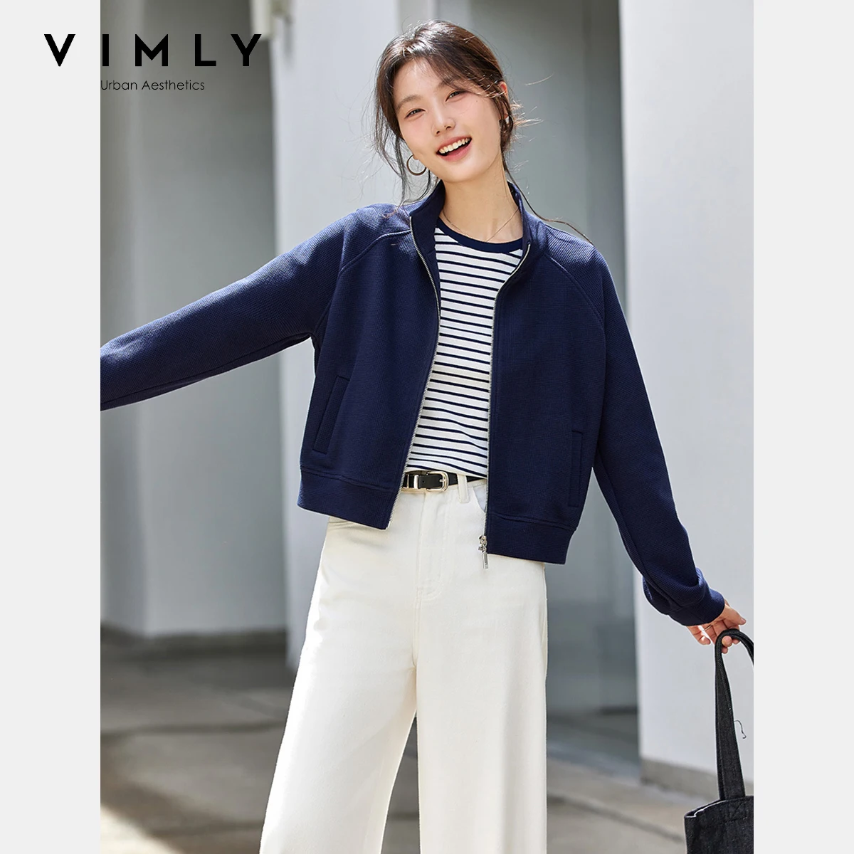 VIMLY Woman Short Jackets Autumn 2025 Elegant Office Wear Long Sleeve Stand Solid Zippers New Ladies Coats Woman Clothing A2037
