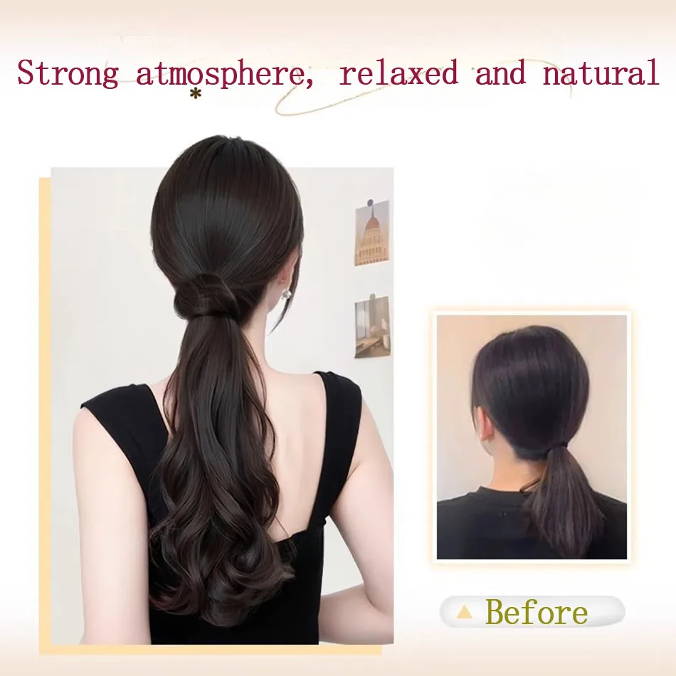 レイヤードボディウェーブ合成ウィッグポニーテール、グリップクリップ付き、ふわふわウェーブクロークリップポニーテールヘア、女性用耐熱ヘアピース