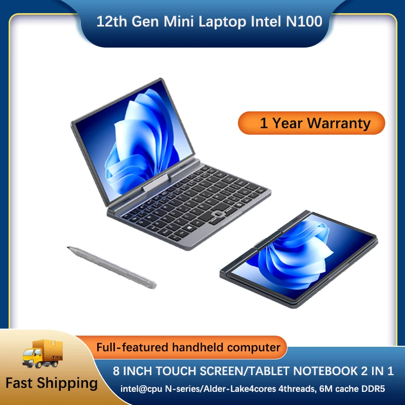 YSJMNPC 12th Gen Mini Laptop Intel N100 Quad Core 8 Inch Screen LPDDR5 12G 4800MHz Windows10/11Pro AX WiFi6 BT5.2 RJ45 LAN